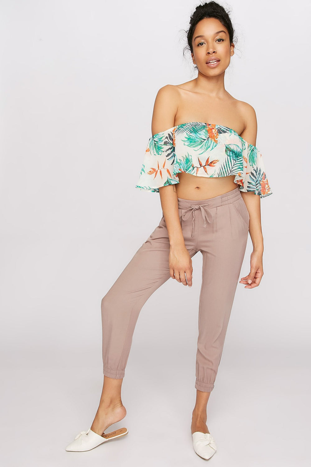 Women Pantalon léger à revers roulés et taille coulissante Taupe