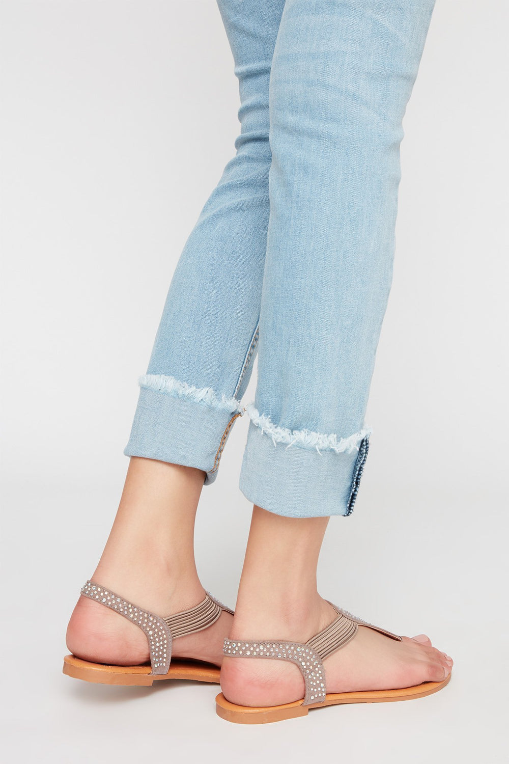 Women Rhinestone Elastic T-Bar Sandal Taupe