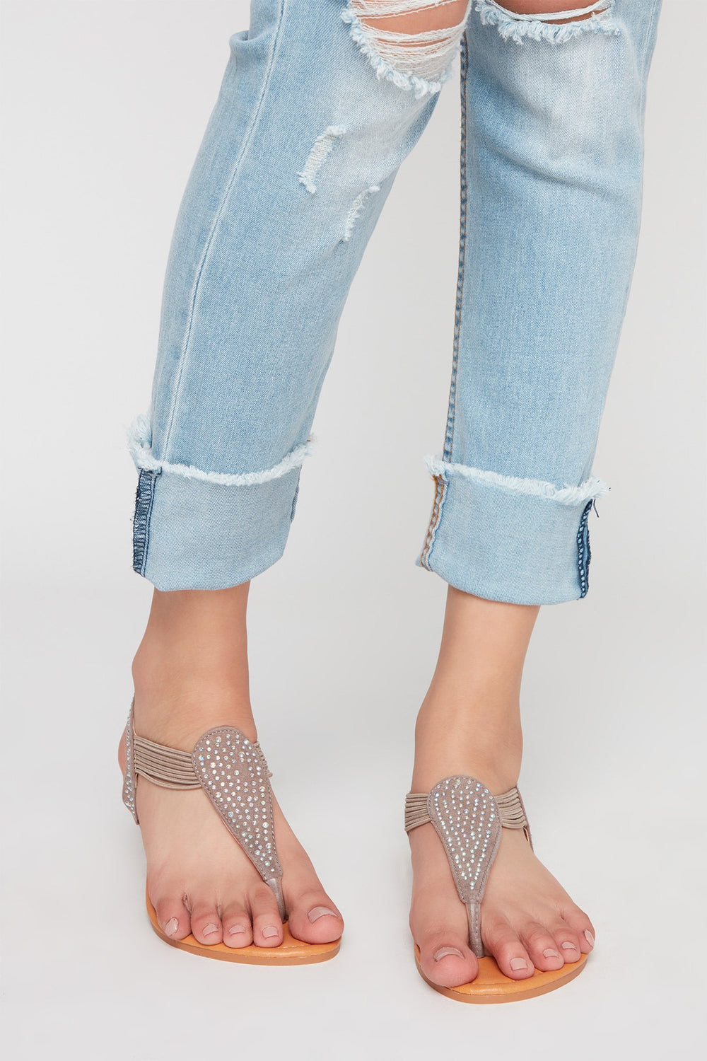 Women Rhinestone Elastic T-Bar Sandal Taupe