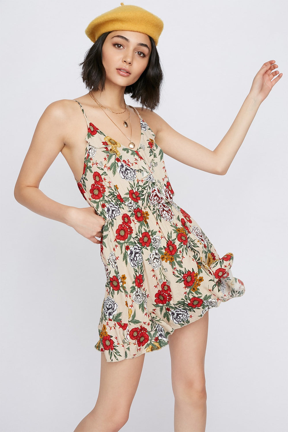Women V-Neck Floral Ruffle Hem Dress Taupe