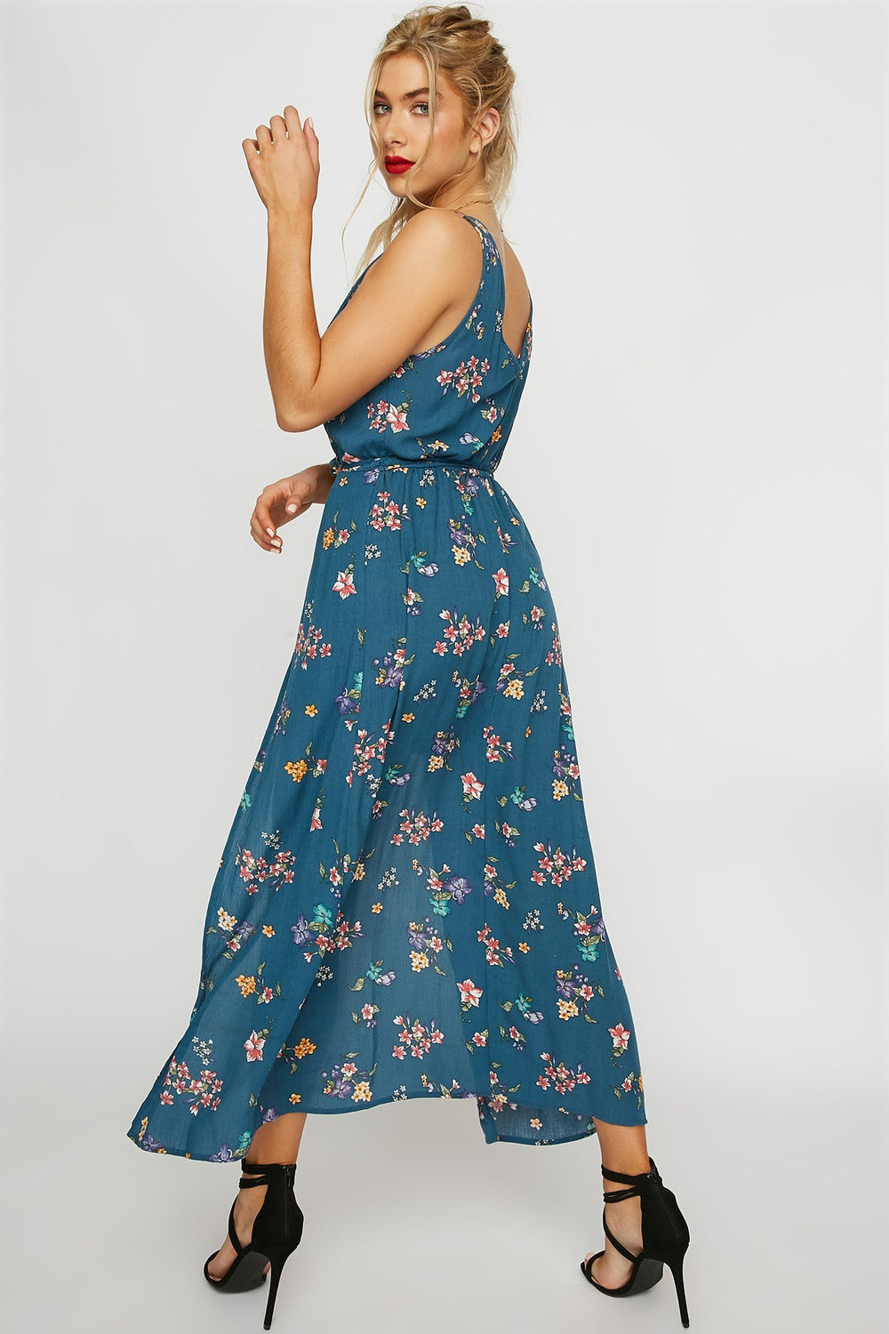 Women V-Neck Floral Belted Walkthrough Romper Teal