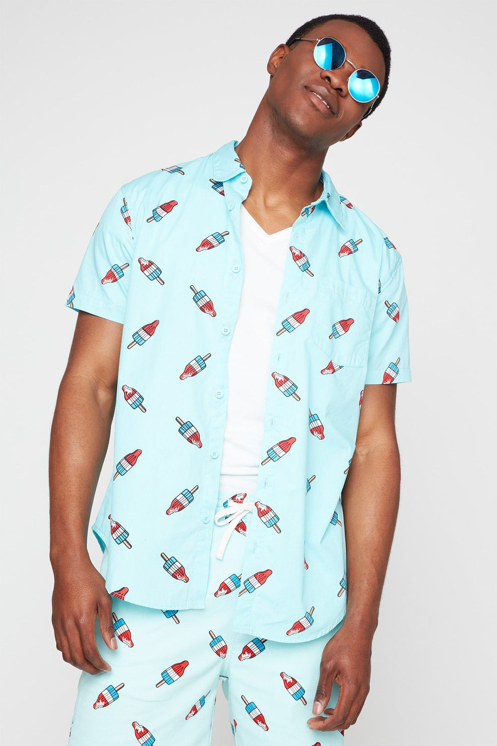 Men Printed Short Sleeve Button-Up Shirt Turquoise