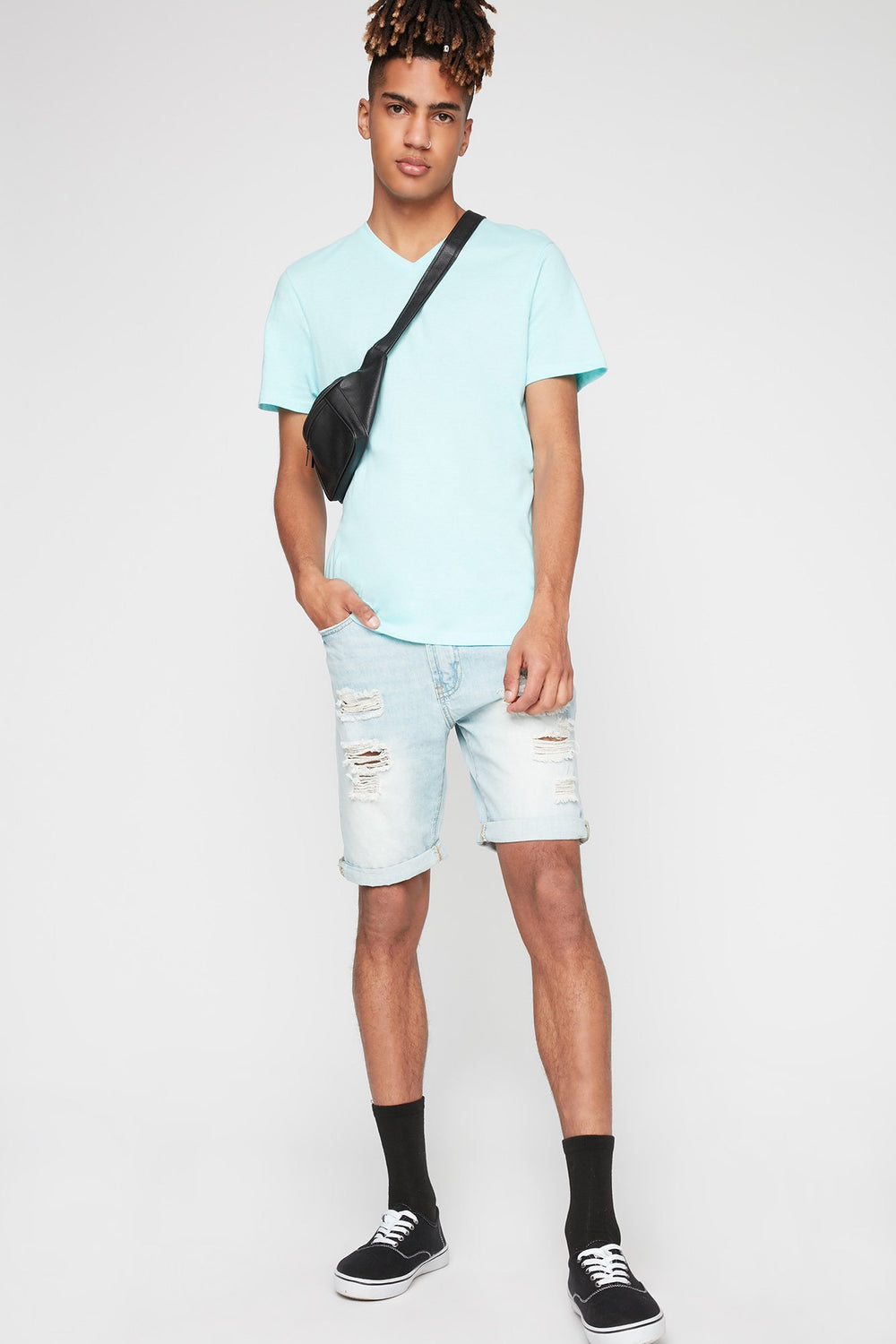 Men T-shirt basique doux pastel à encolure en V Turquoise