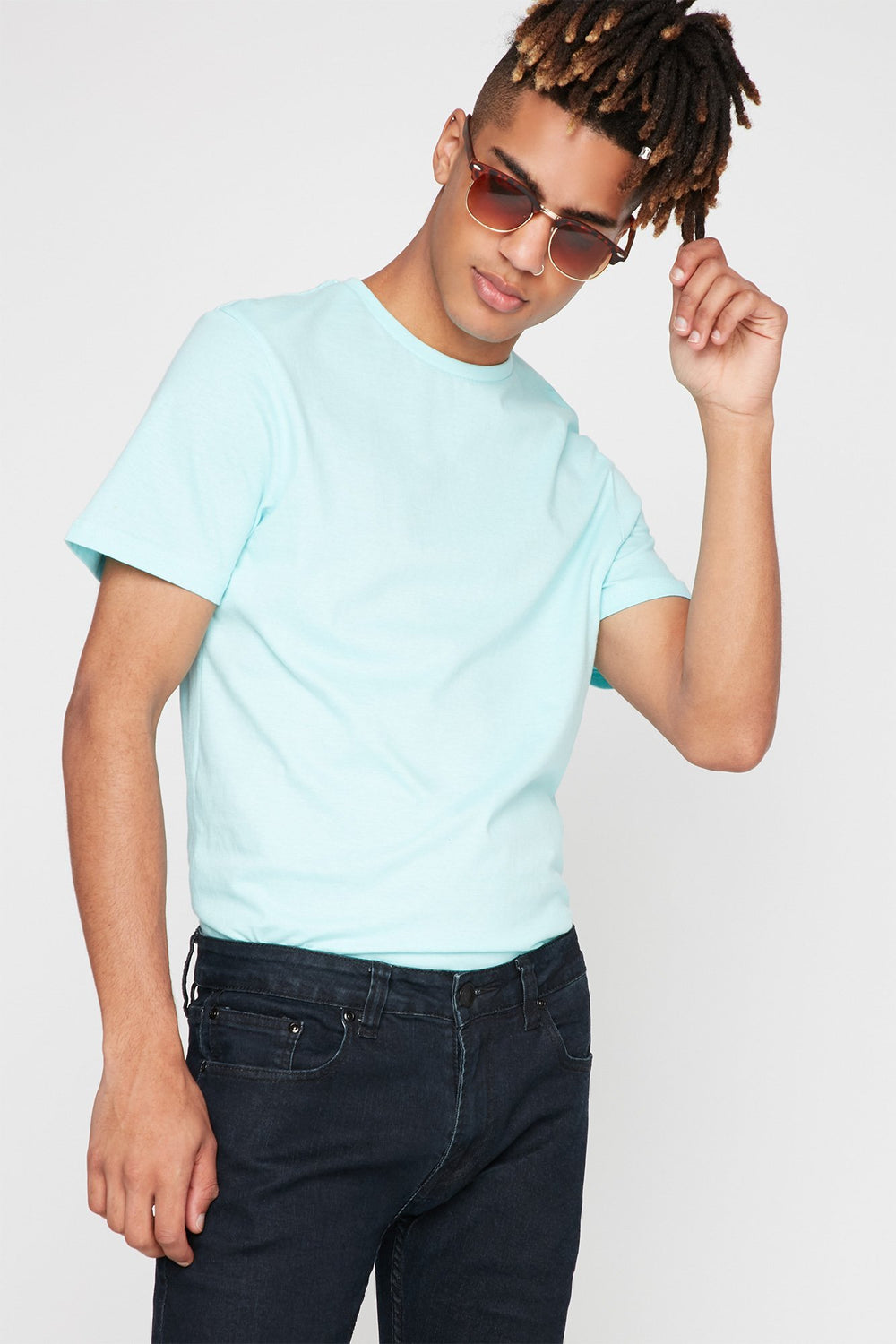 Men T-shirt basique doux pastelé à encolure dégagée Turquoise