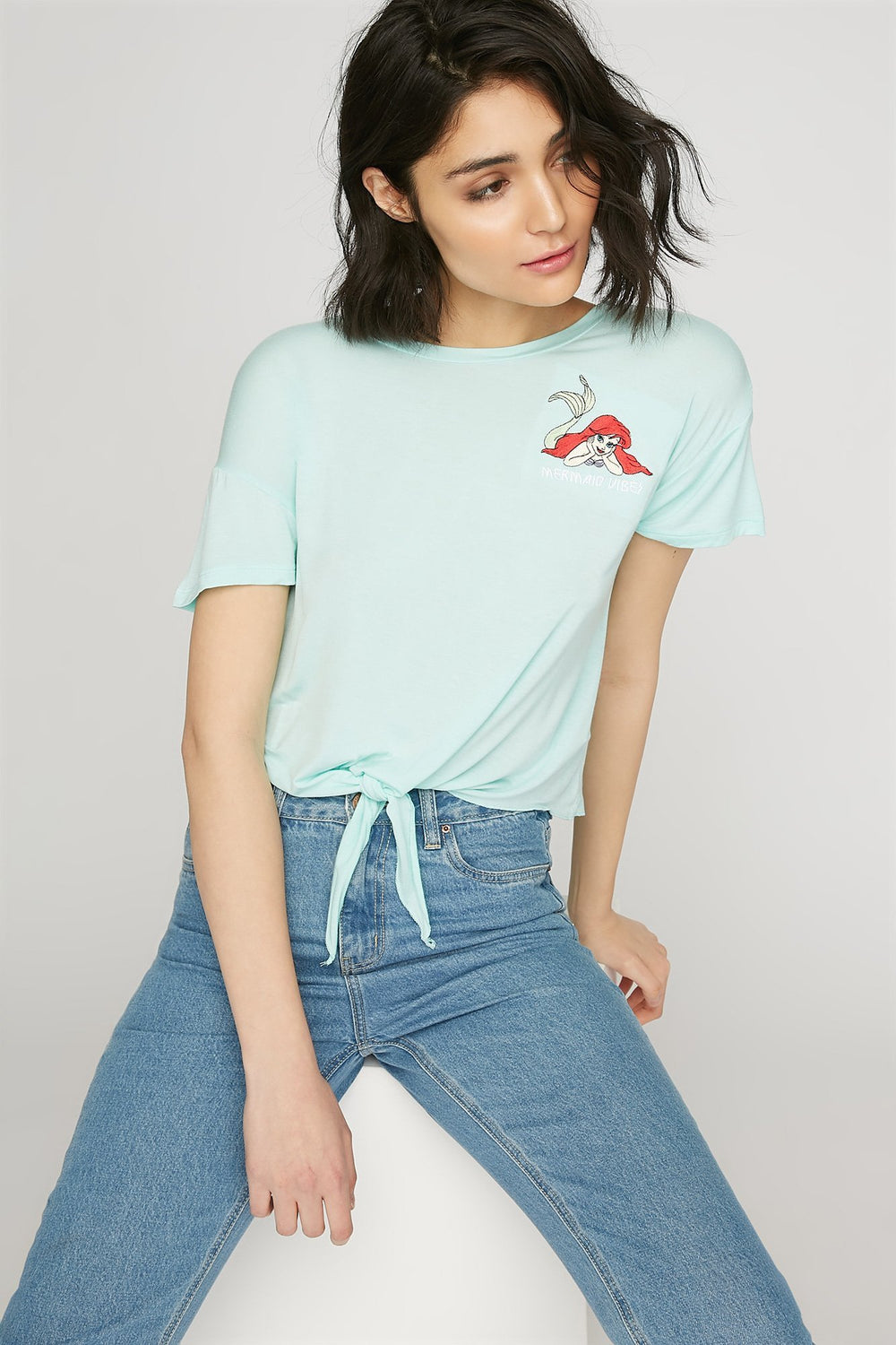 women T-shirt court noué devant à imprimé La petite sirène Turquoise