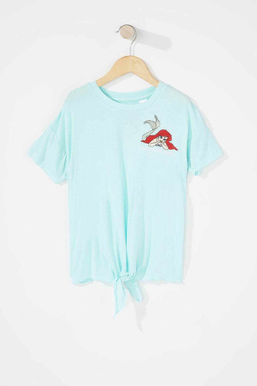 Kids Girls Embroidered Little Mermaid Front-Knot Graphic T-Shirt Turquoise