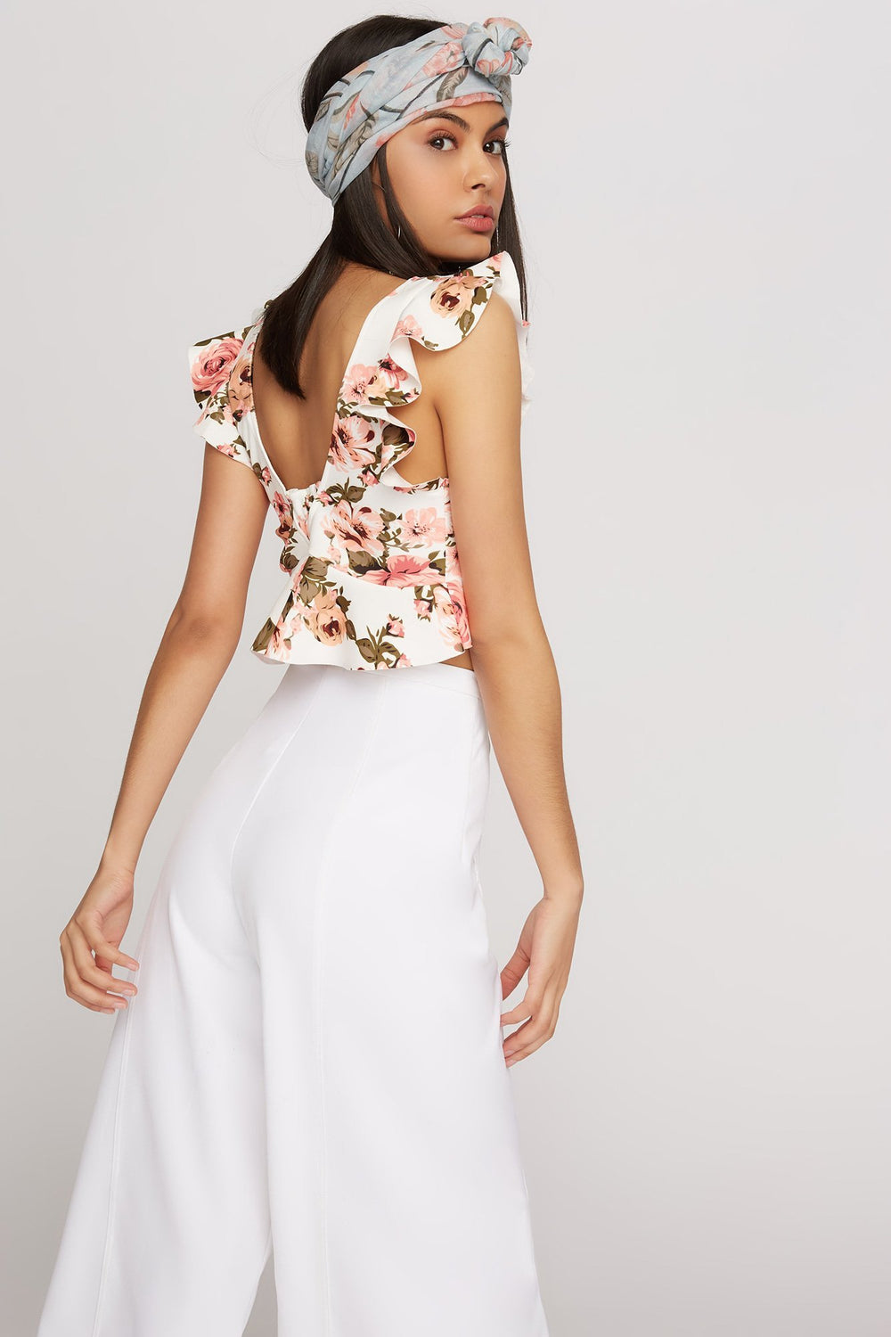 Women Blouse courte de style plongée volantée imprimée à encolure en V Varié