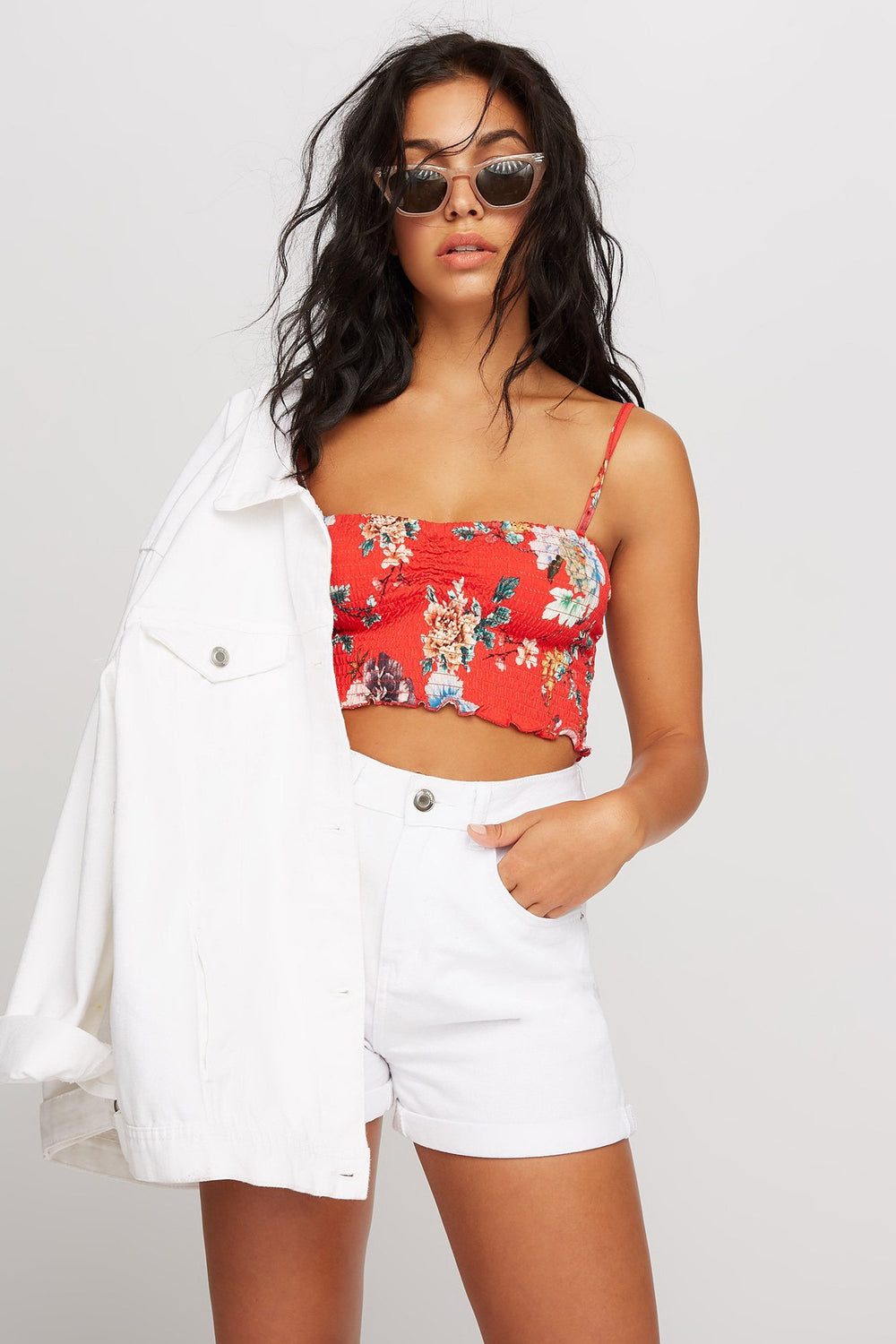 Women Camisole courte smockée fleurie Varié