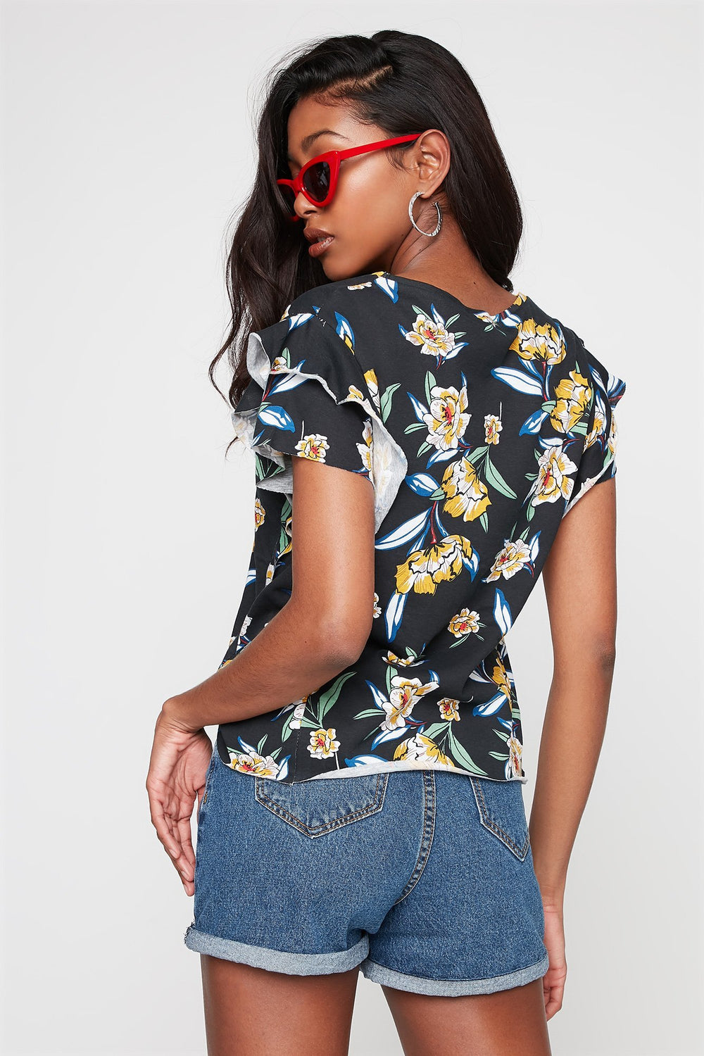 Women T-shirt fleuri à manches volantées Varié