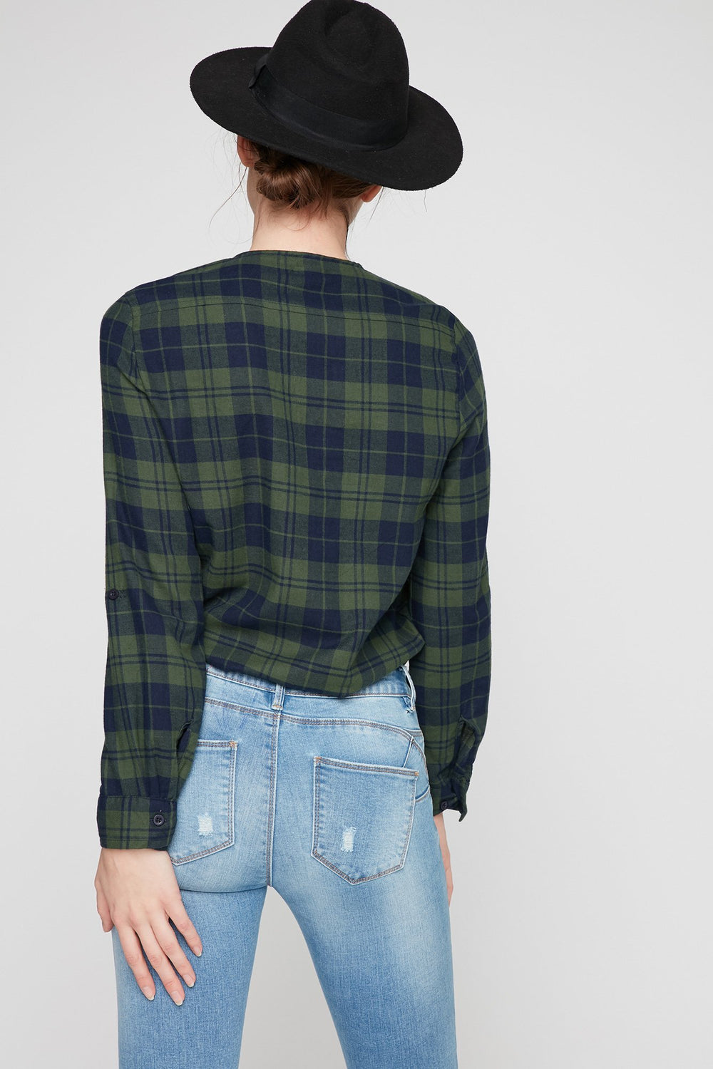 Women Blouse boutonnée lacée à carreaux Vert chasseur