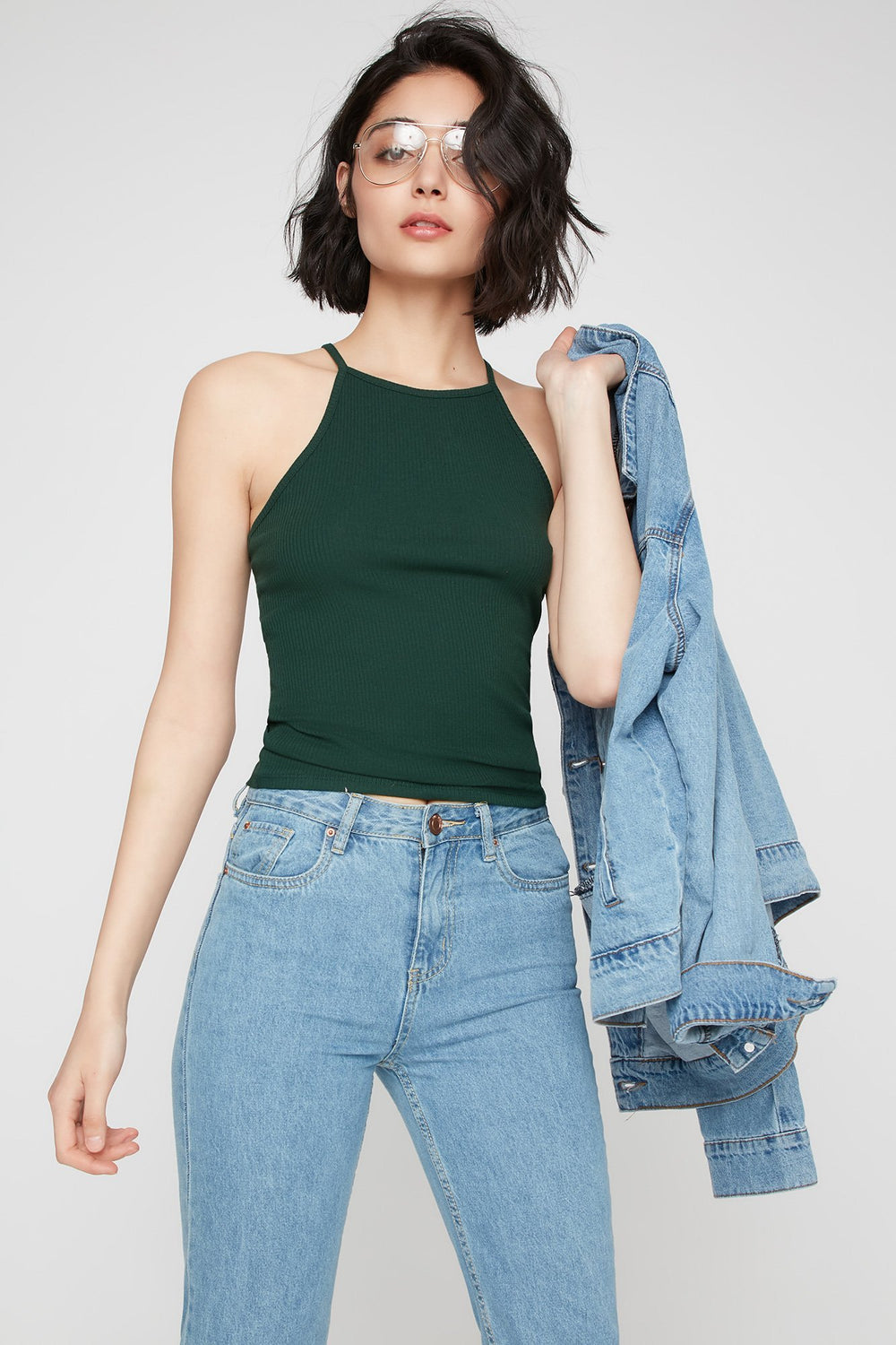 Women Camisole côtelée à col roulé Vert chasseur