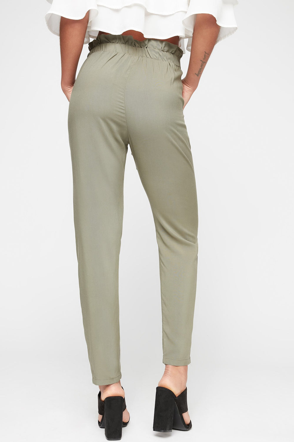 Women Pantalon à taille haute roulée avec attache Vert chasseur