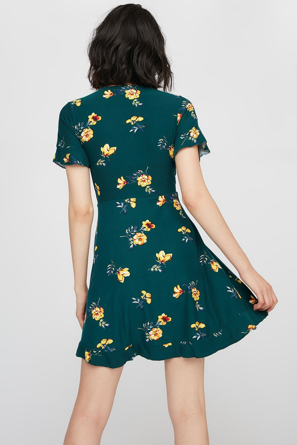 Women Robe cache-cur volantée fleurie Vert chasseur