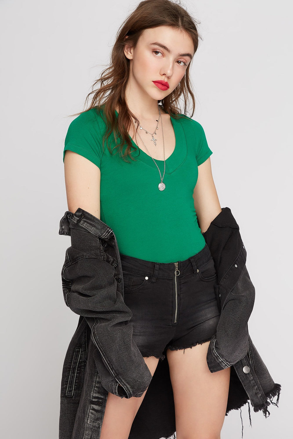 Women T-shirt basique à encolure en V Vert chasseur