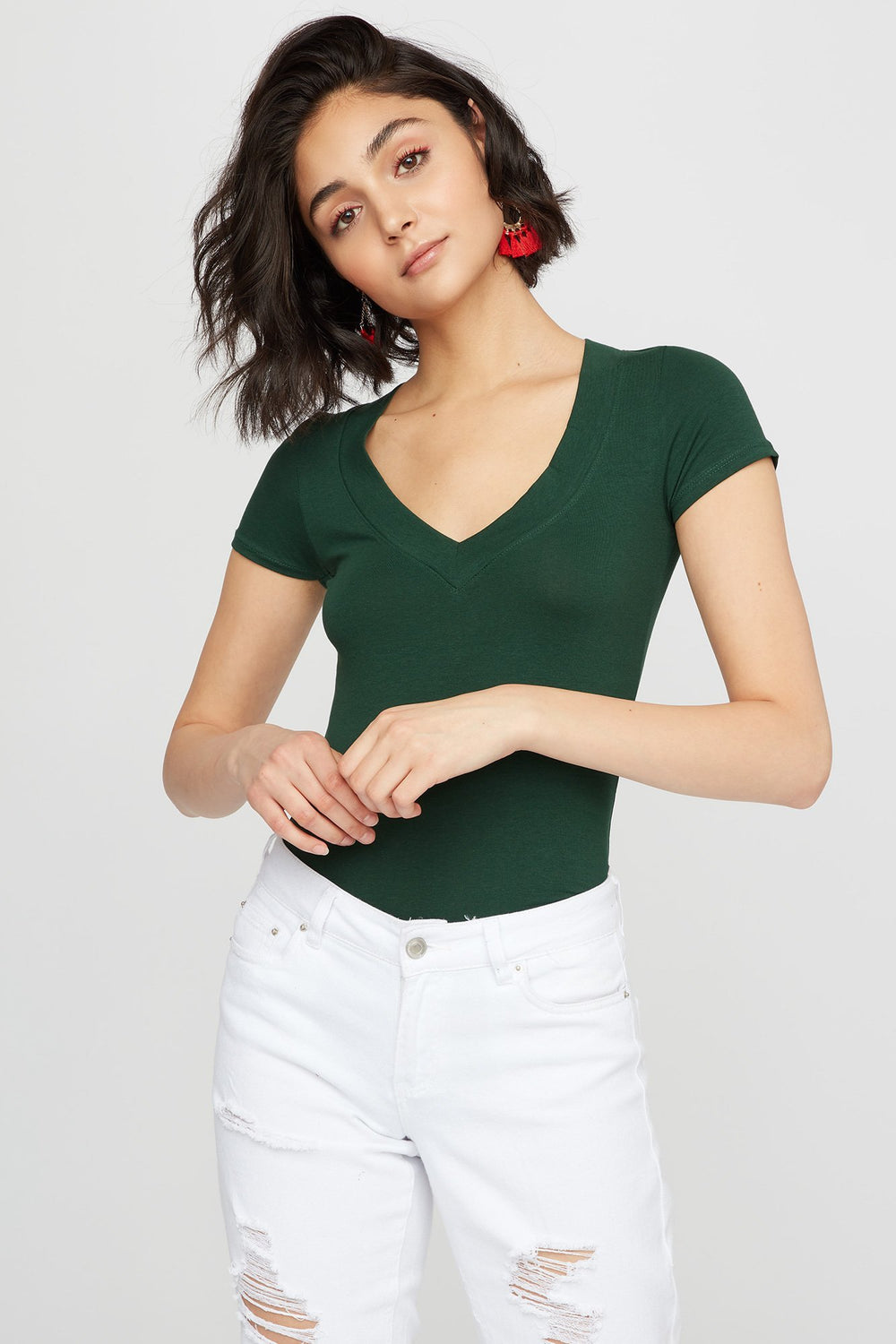 Women T-shirt de bas à encolure en V Vert chasseur