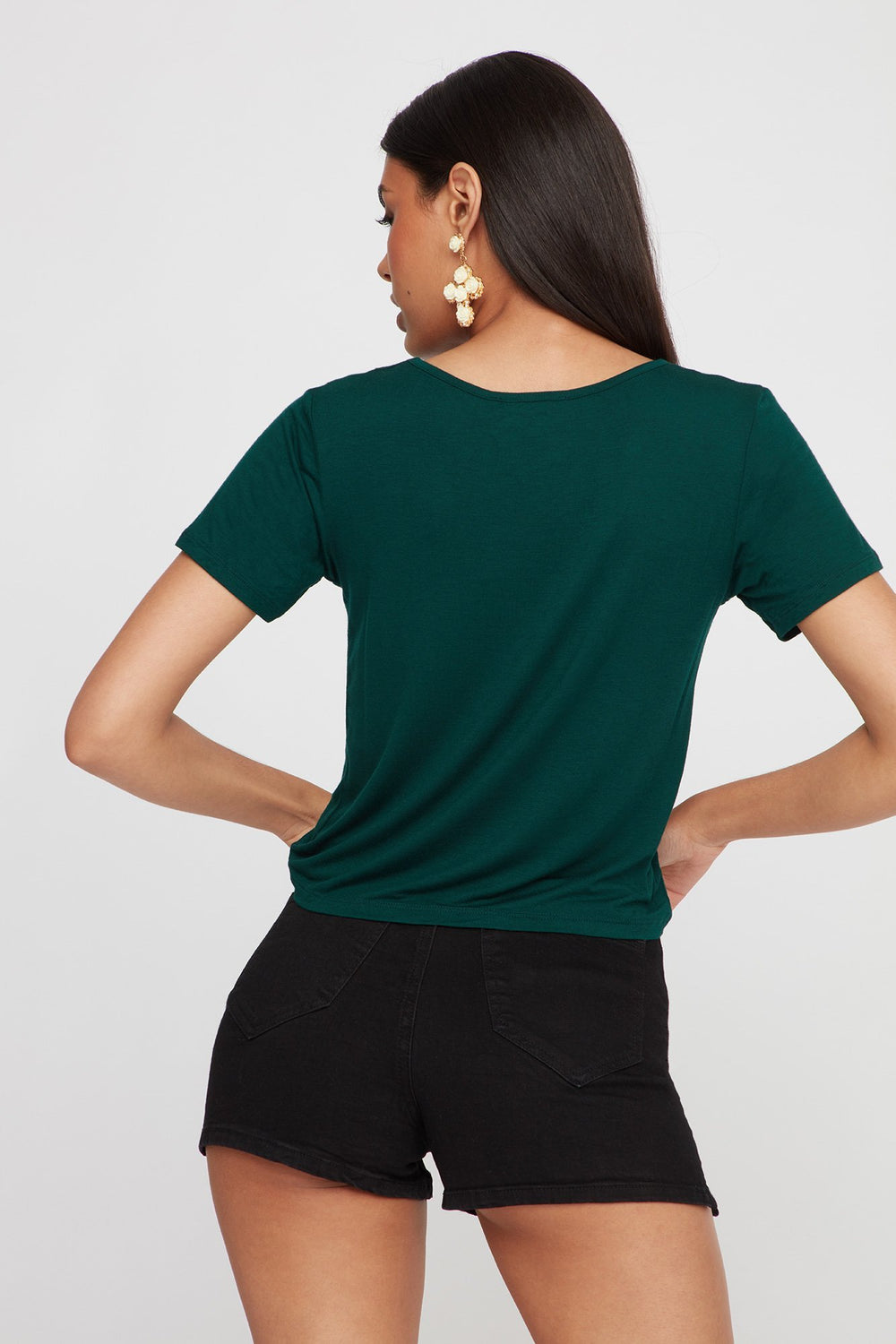 Women T-shirt de base léger à motif de cage au cou Vert chasseur