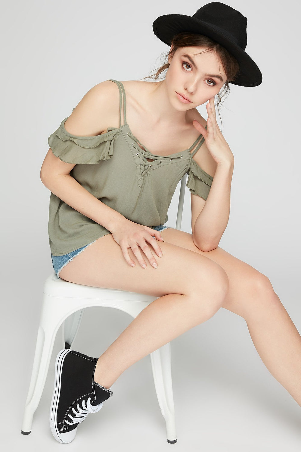 Women T-shirt volanté à motif de cage et épaules dénudées Vert chasseur