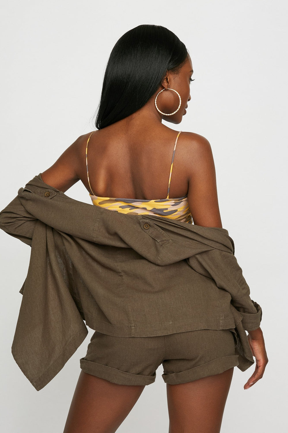 Women Blazer asymétrique ouvert en lin Vert foncé