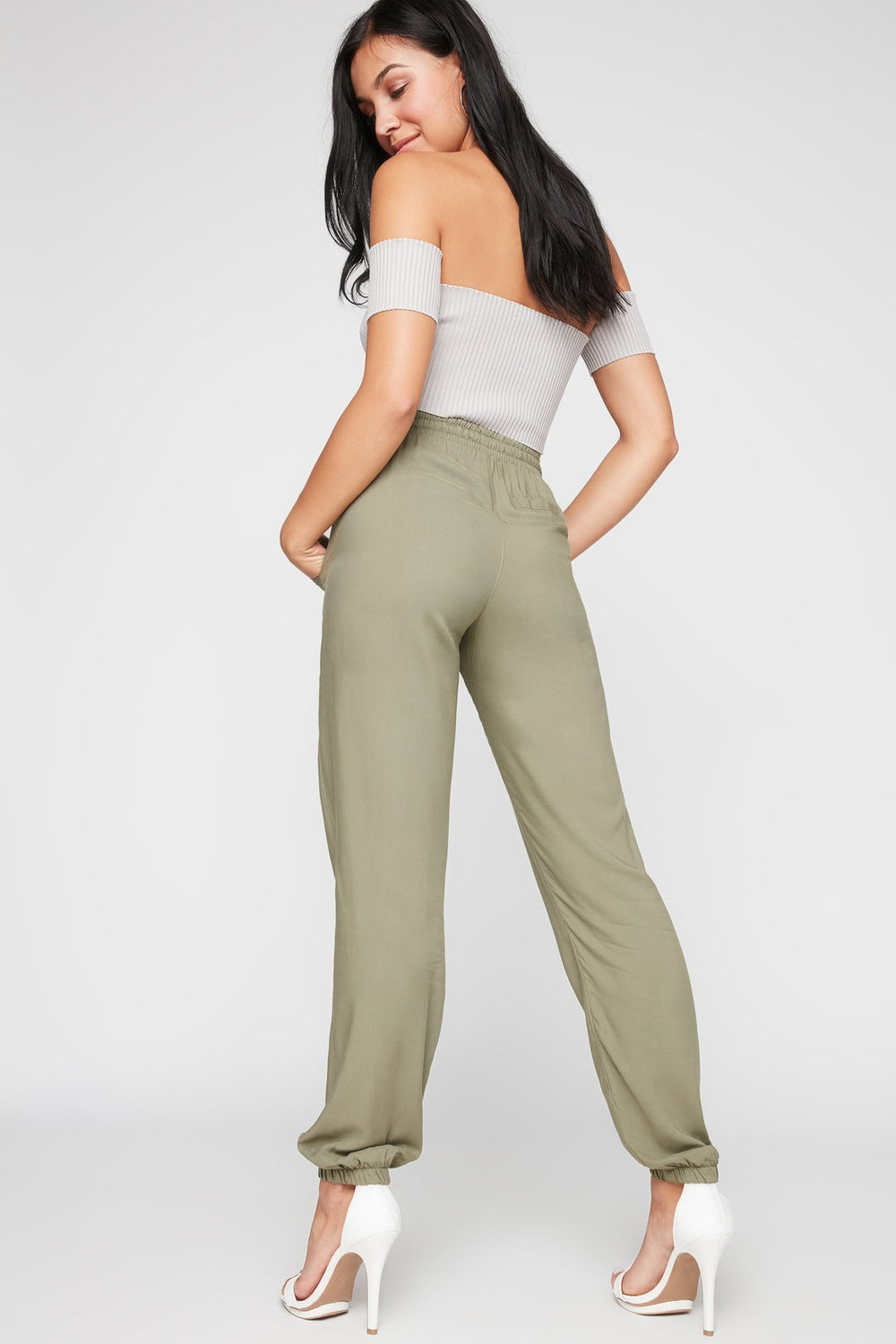 Women Pantalon à taille haute avec taille coulissante Vert foncé