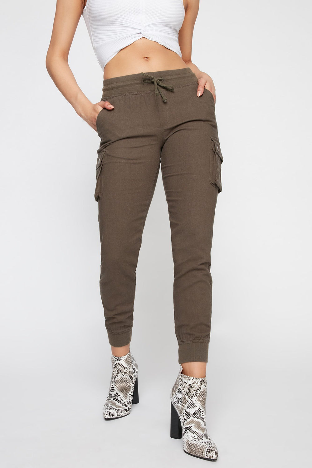Women Pantalon de jogging cargo en lin avec taille coulissante Vert foncé