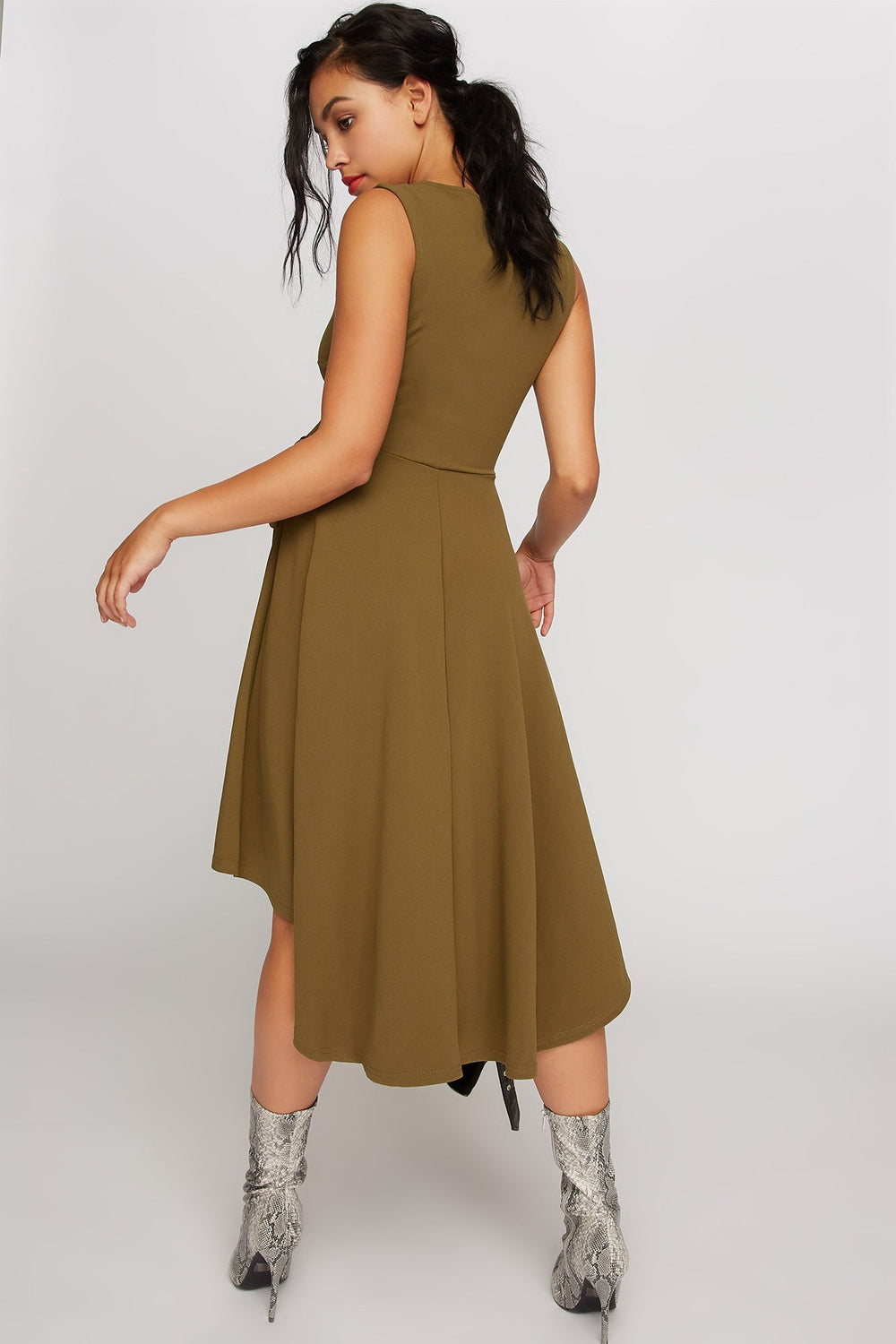 Women Robe cache-cur asymétrique volantée avec attache Vert foncé