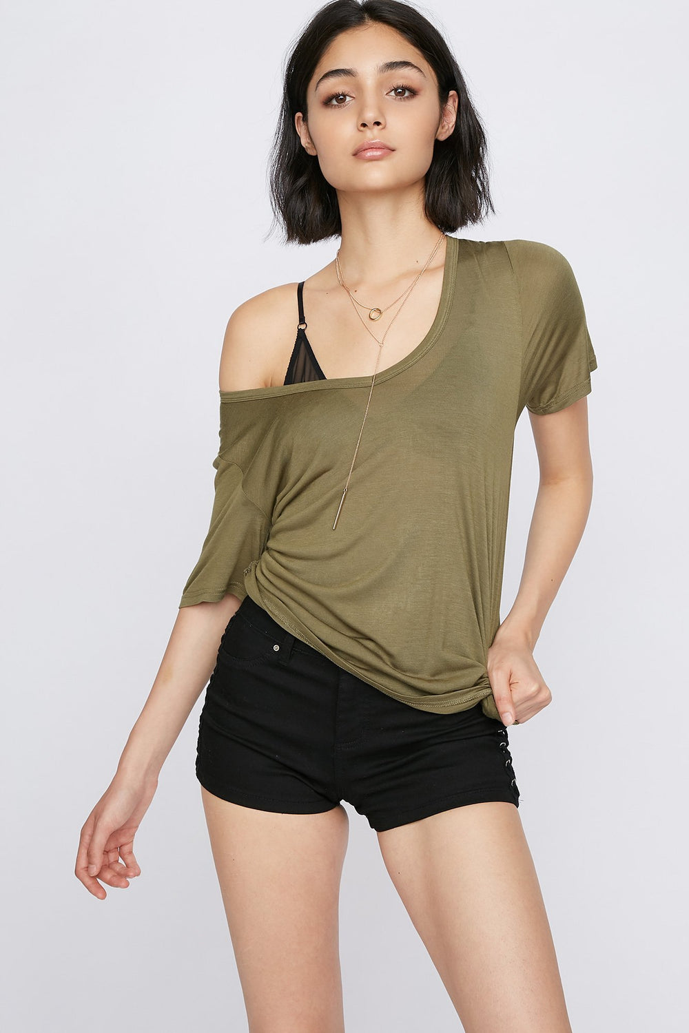 Women T-shirt de base léger à encolure en V Vert foncé