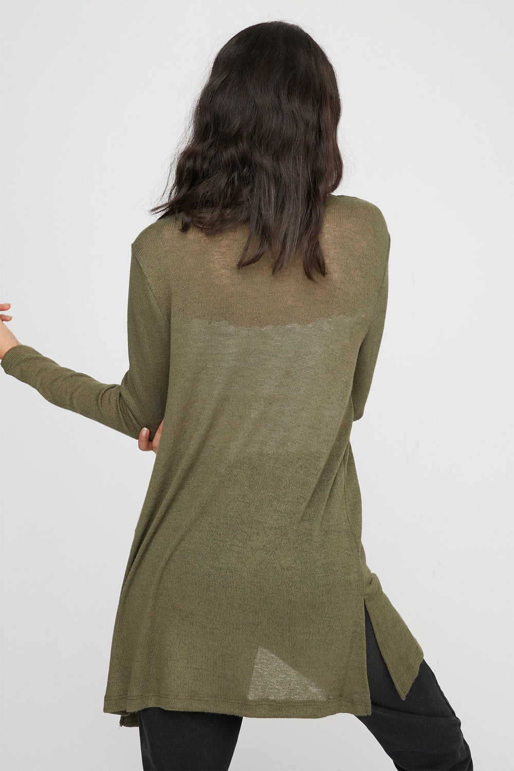 Women Cardigan long ouvert en tricot Vert foncé