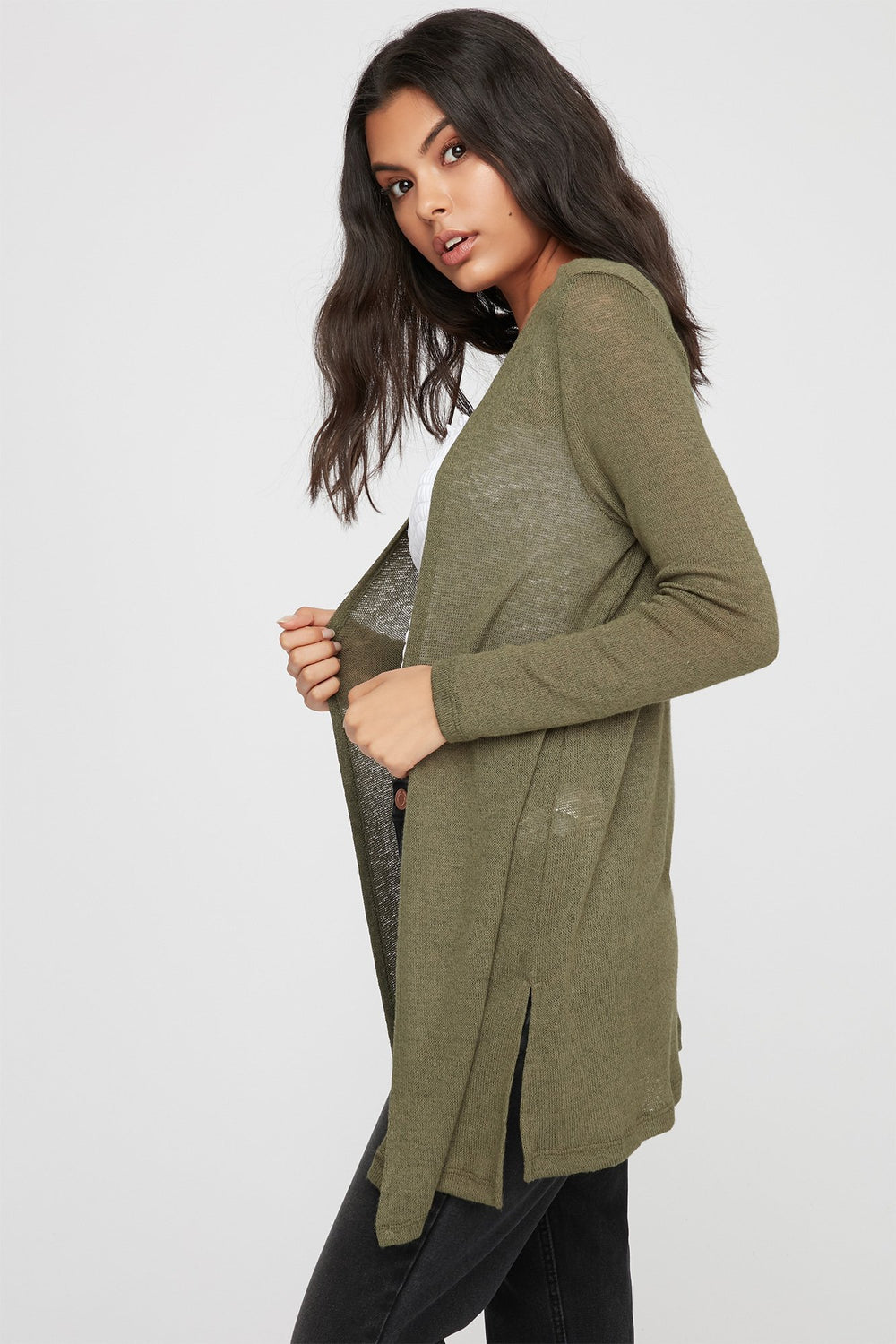 Women Cardigan long ouvert en tricot Vert foncé