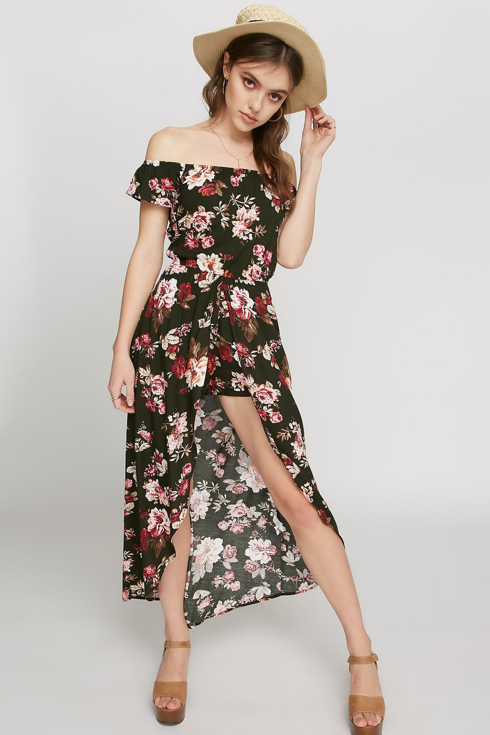 Women Combi-short fleuri à épaules dénudées Vert foncé