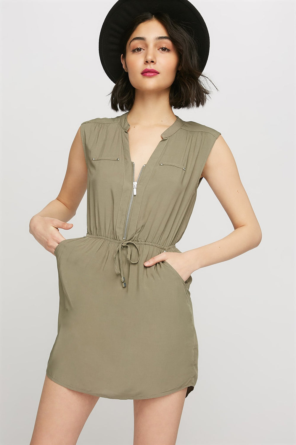 women Minirobe sans manches à demi-fermeture à glissière et taille coulissante Vert foncé