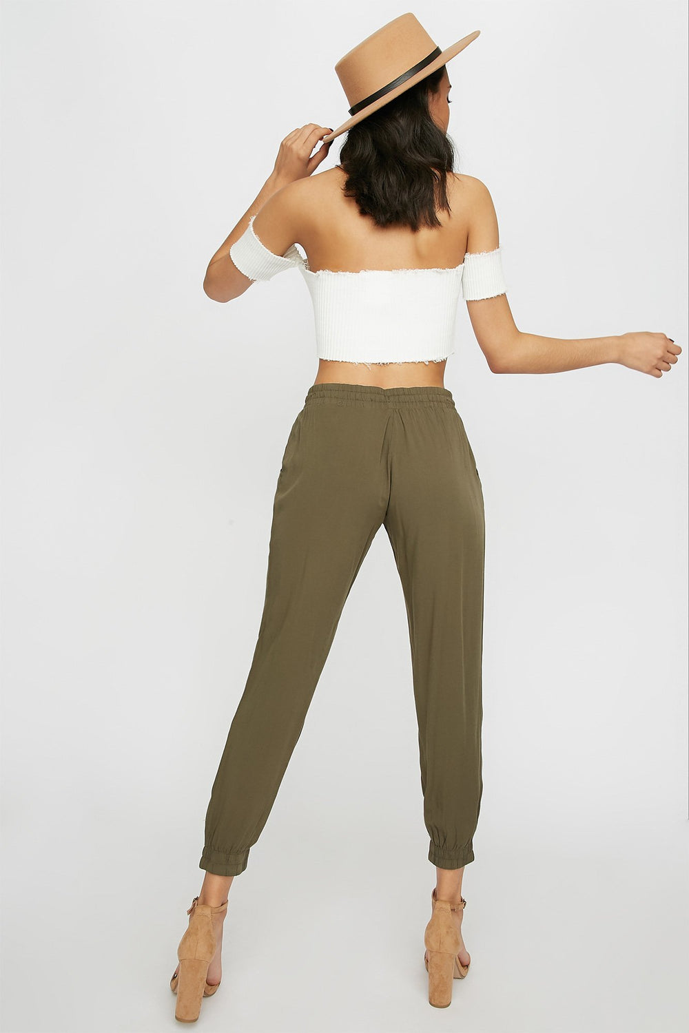 Women Pantalon de jogging léger à taille haute avec revers et taille coulissante Vert foncé