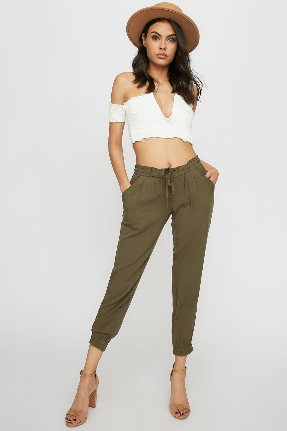 Women Pantalon de jogging léger à taille haute avec revers et taille coulissante Vert foncé