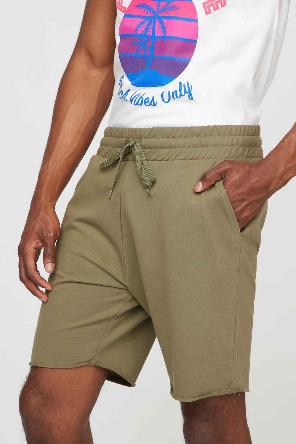 Men Short de jogging mince en molleton avec franges et taille coulissante Vert foncé