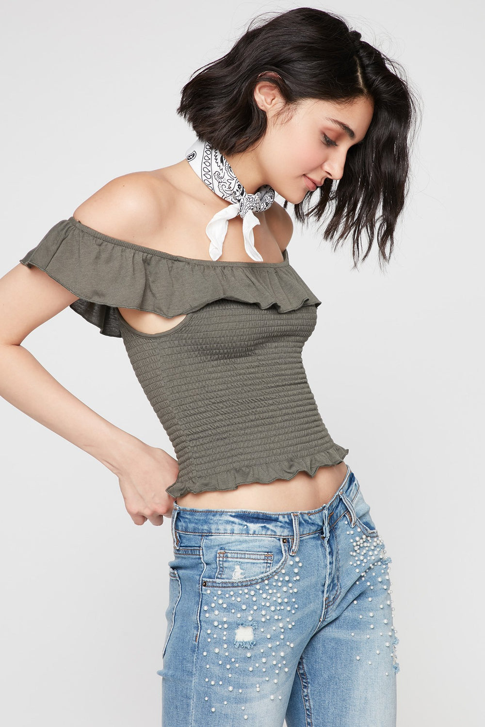Women T-shirt court volanté smocké à épaules dénudées Vert foncé