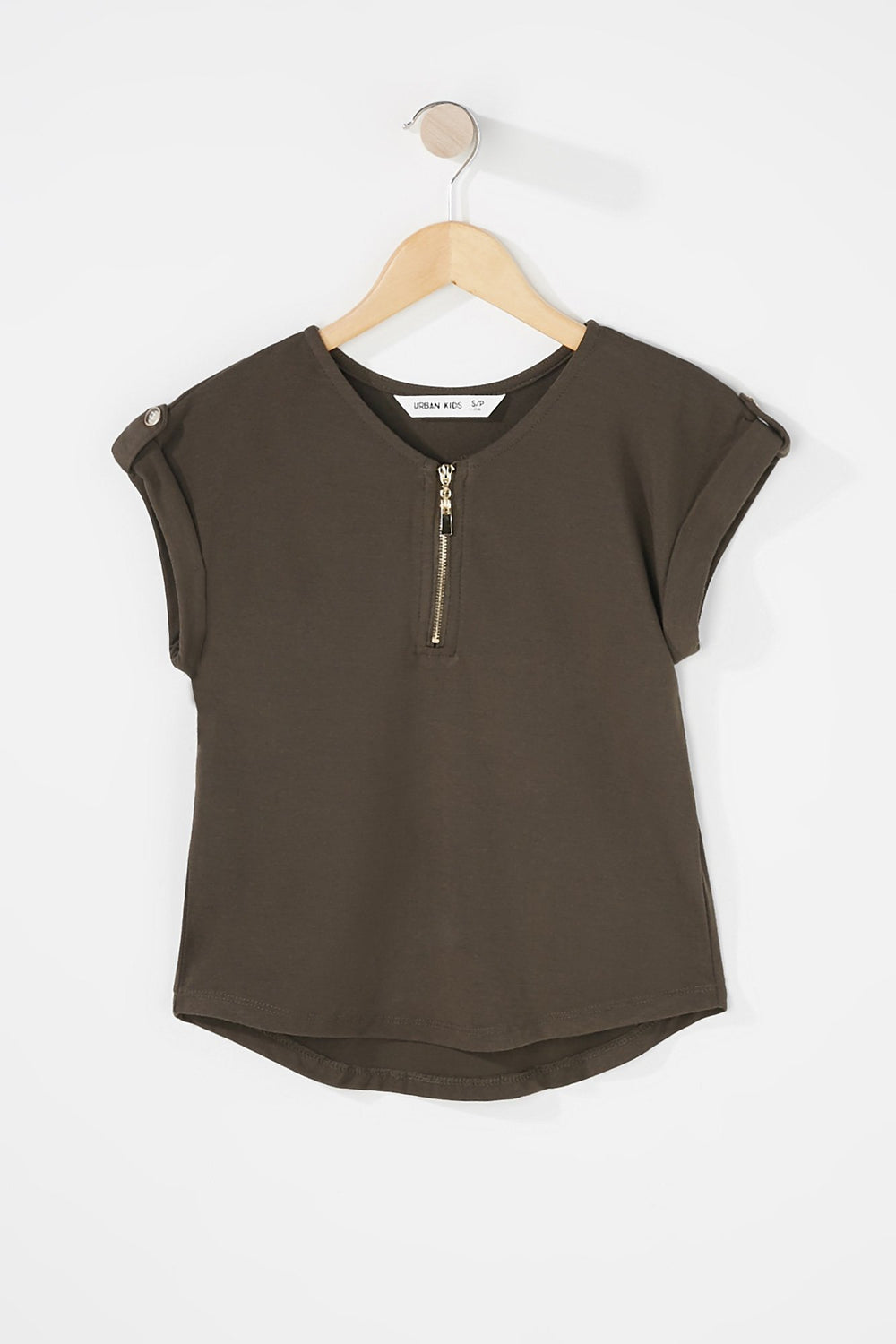 Kids T-shirt à revers roulés et demi-fermeture à glissière pour fille Vert foncé