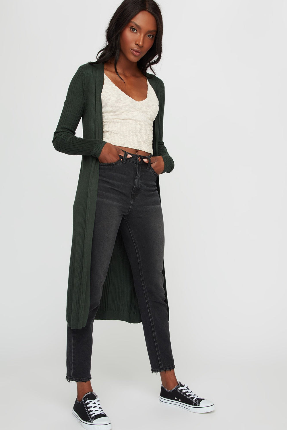 Women Cardigan long ouvert côtelé Vert