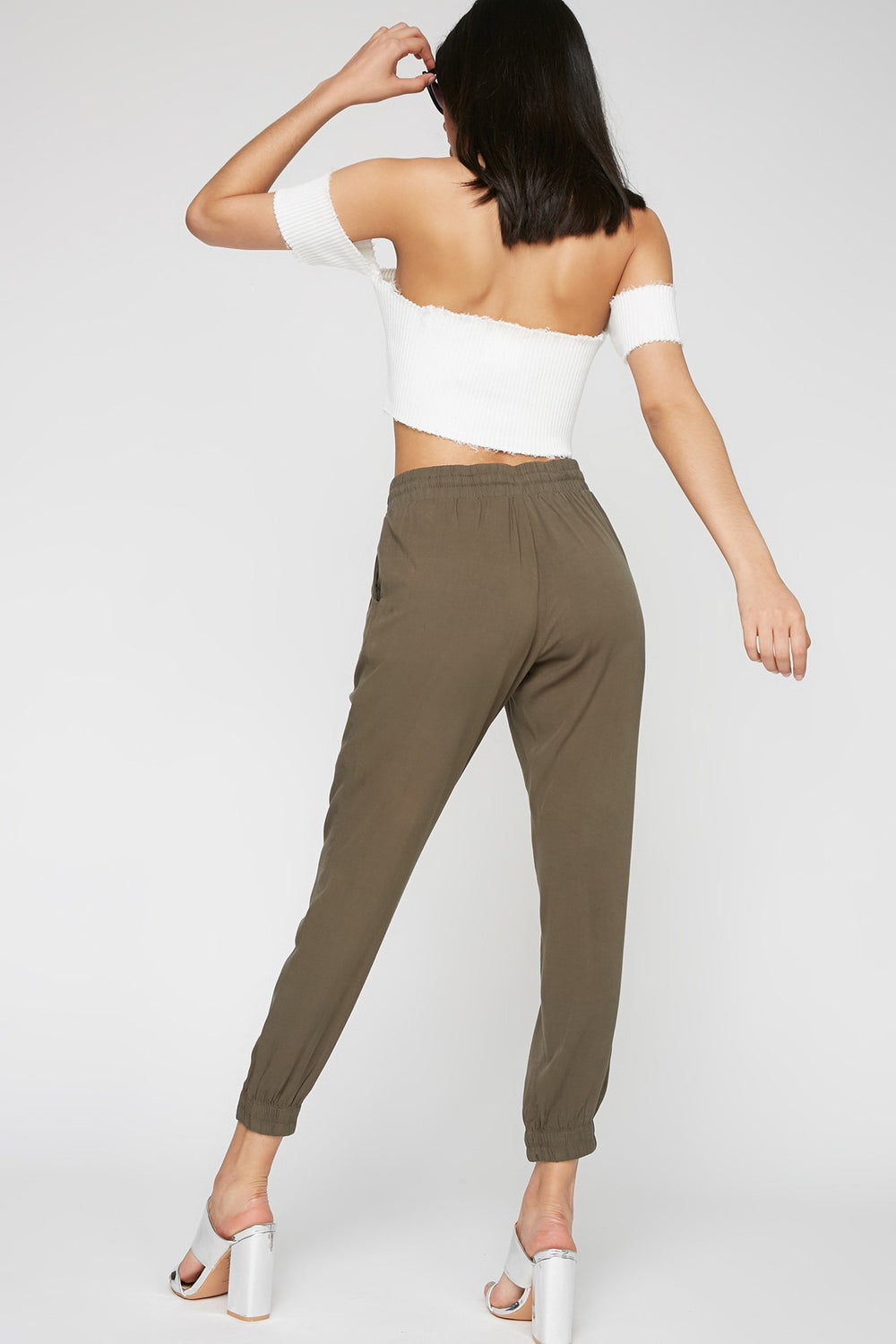Women Pantalon léger à revers roulés et taille coulissante Vert