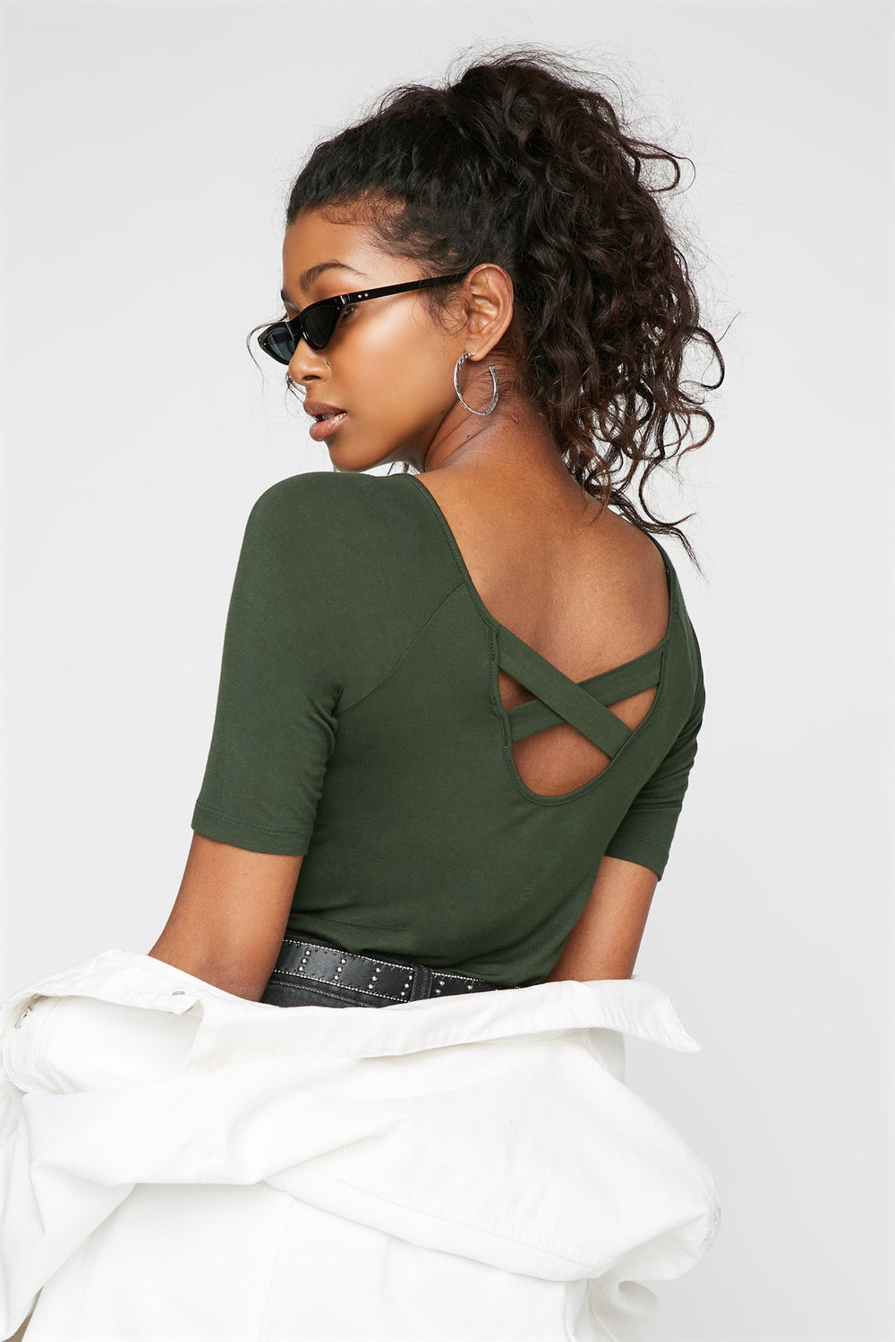 Women T-shirt croisé au dos à encolure arrondie Vert