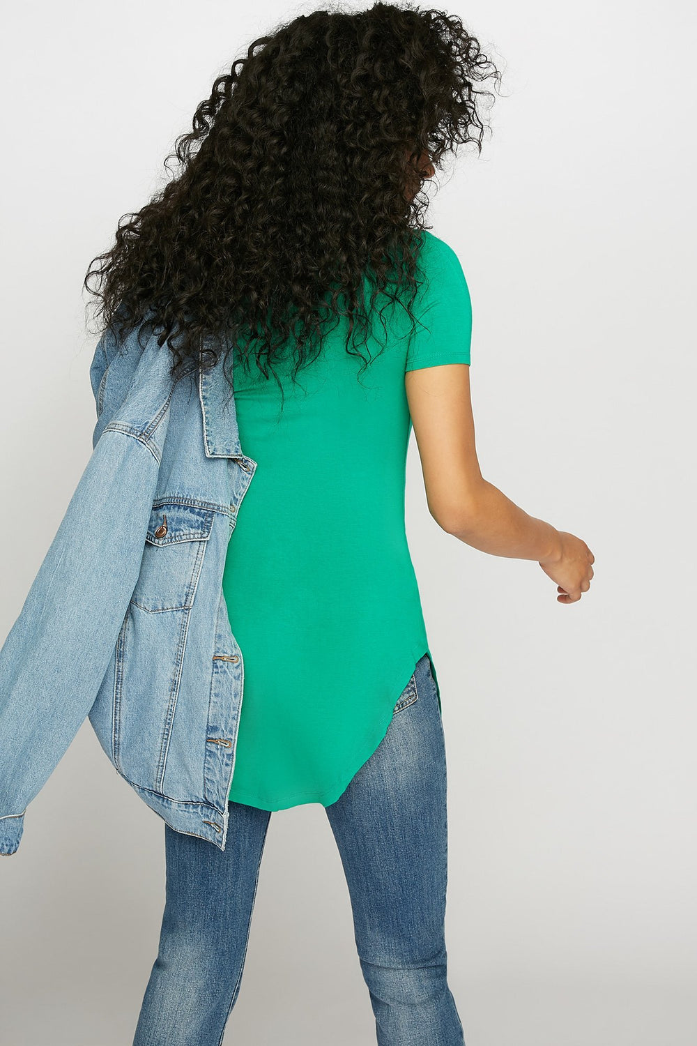 Women T-shirt long à ourlet arrondi et encolure arrondie Vert
