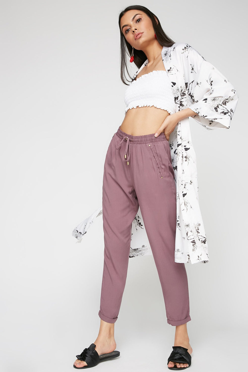 Women Pantalon de jogging à revers roulés avec taille coulissante Violet