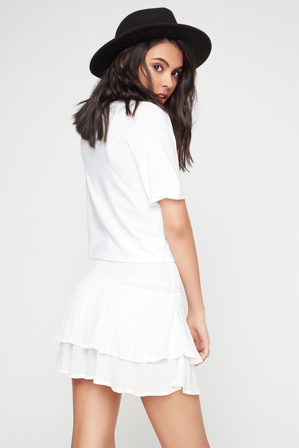 Women 2-Way Smocked Ruffle Shirt & Skirt White