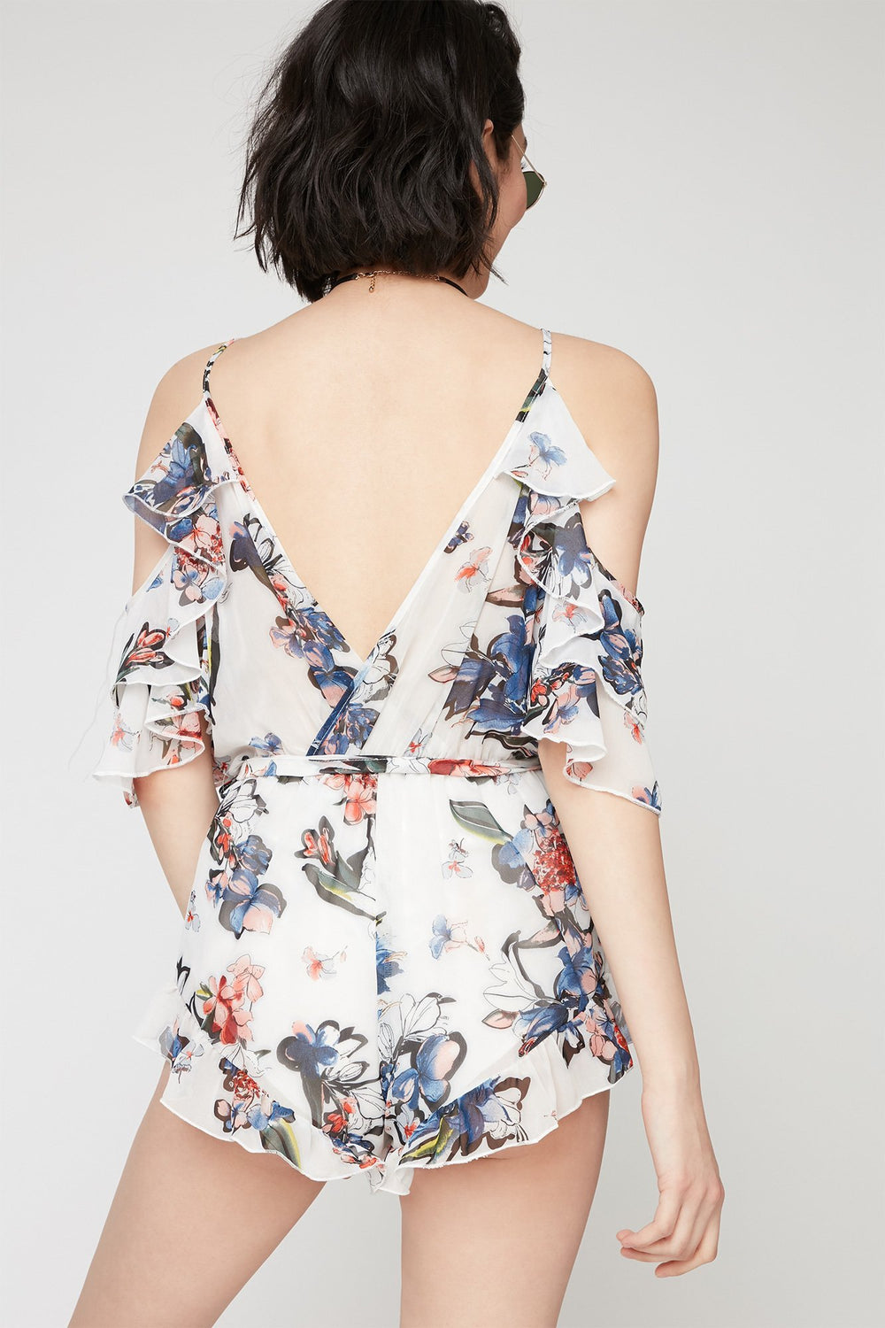 Women Cold Shoulder Ruffle Chiffon Floral Self-Tie Romper White