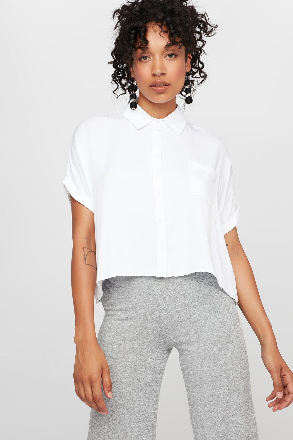 Women Cropped Button-Up Pocket Blouse White