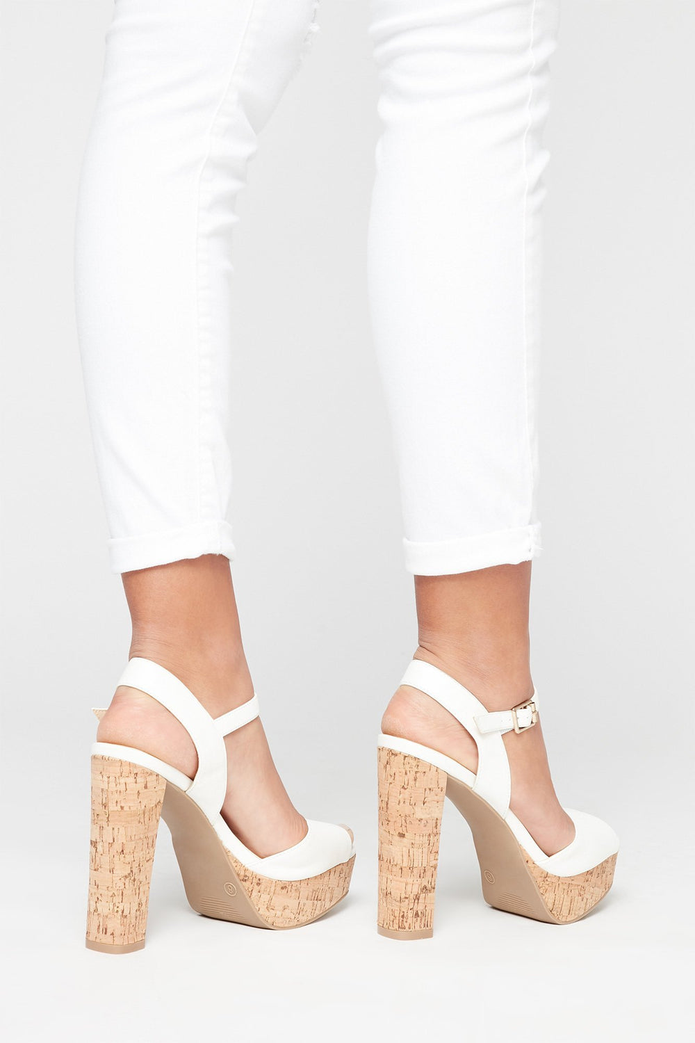 Women Faux-Suede Banded Cork Platform Heel White