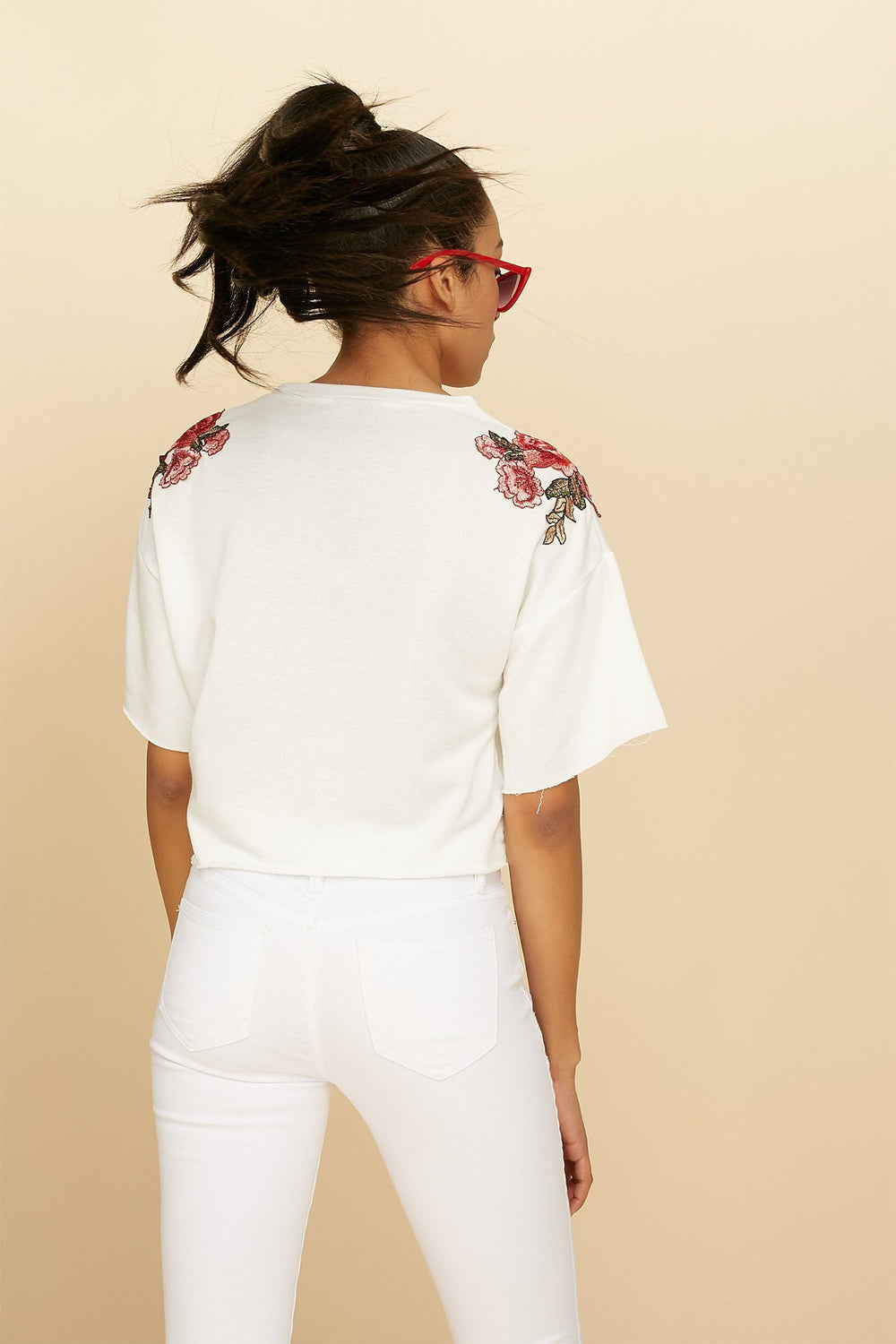 Women Floral Embroidered Cropped Popover Sweater White