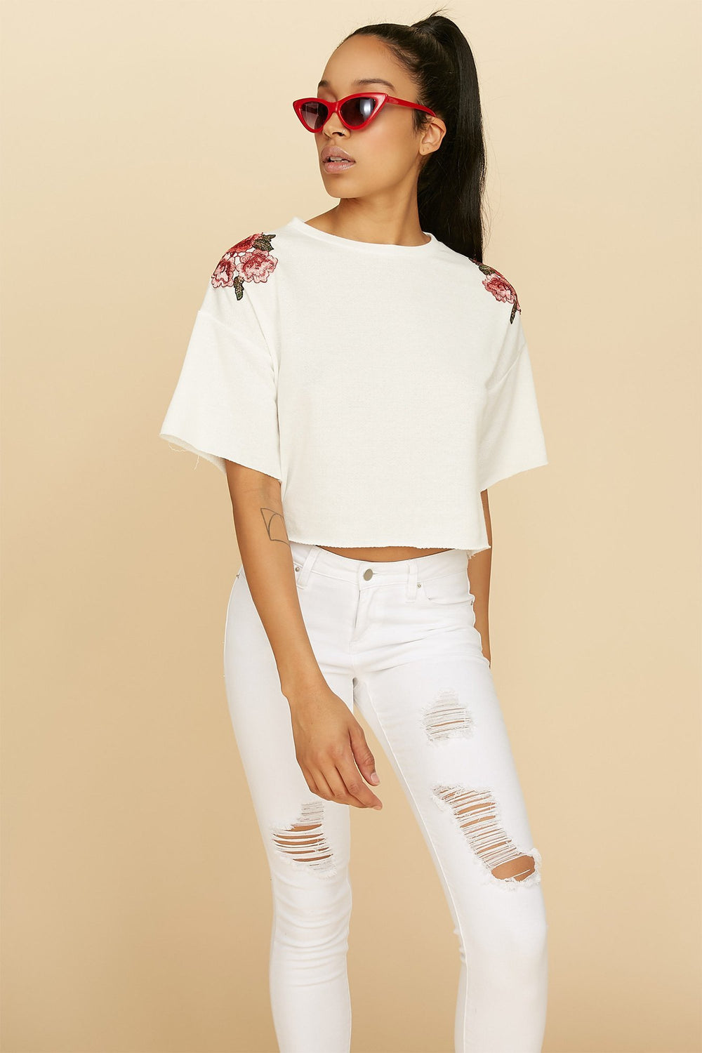 Women Floral Embroidered Cropped Popover Sweater White