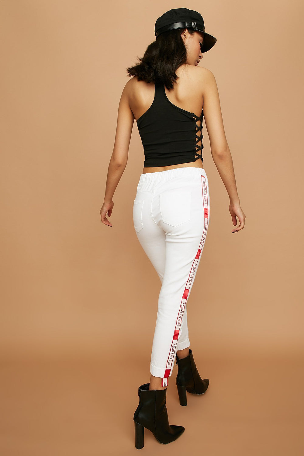 Women Graphic Side Stripe Denim Drawstring Jogger White