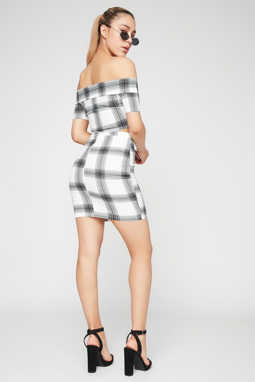 Women High-Rise Plaid Bodycon Skirt White