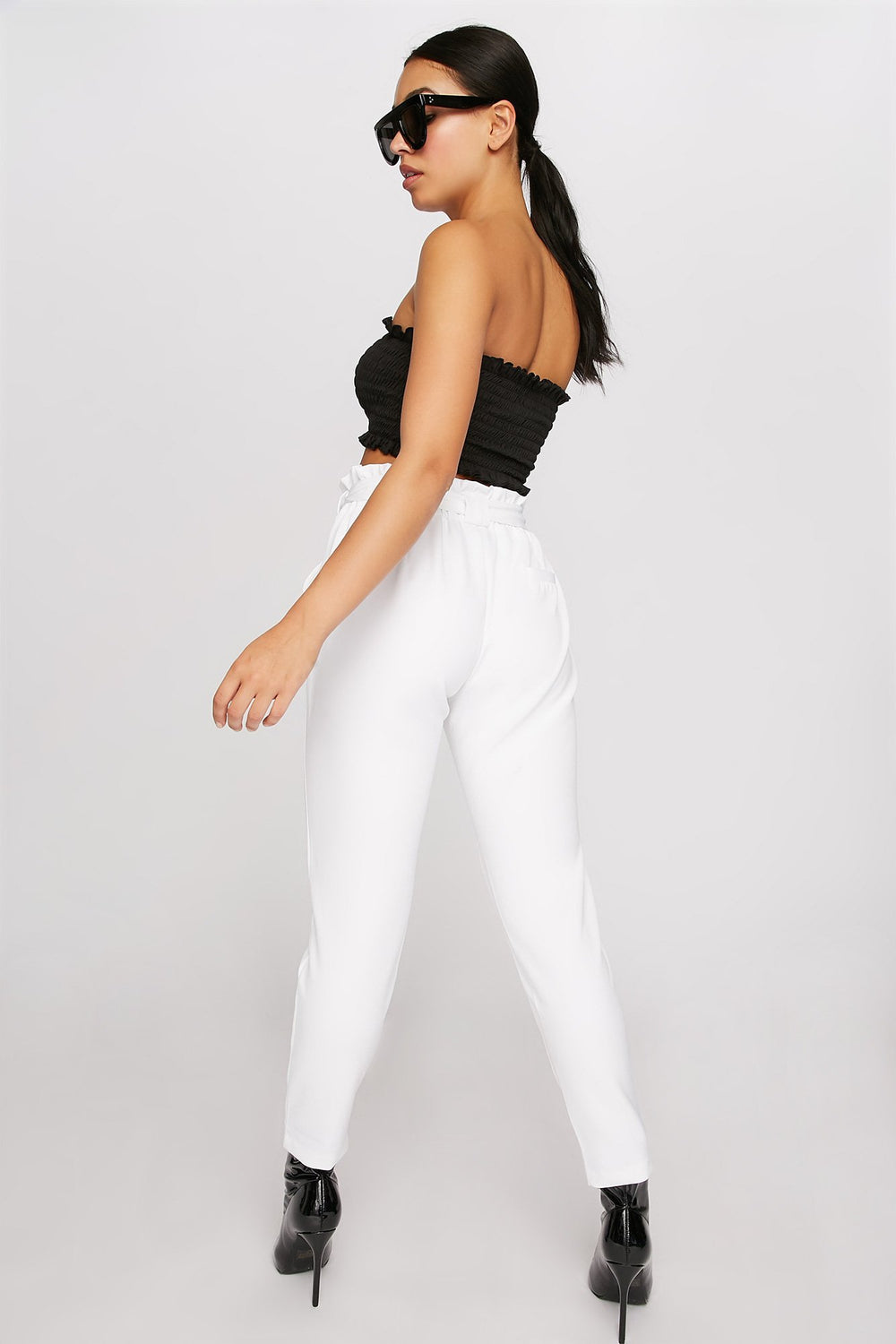 Women High-Rise Ruffle Cropped Self-Tie Paperbag Pant White