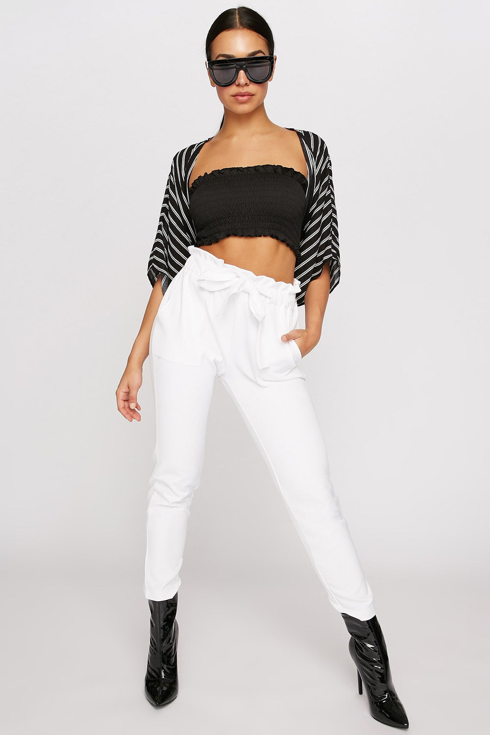 Women High-Rise Ruffle Cropped Self-Tie Paperbag Pant White
